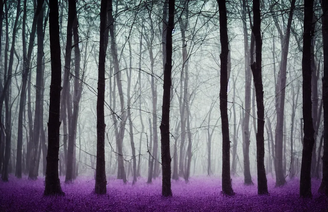 Prompt: purple forest, glowing beetle, sigma lens, strong bokeh, photography, highly detailed, 8 5 mm, f / 1. 3, foggy, dramatic lighting, 4 k