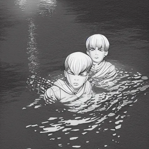 Prompt: character design, twin brothers doing nonsensical stuff in a river or something, in the style of killian eng kawase hasui james jean, artstation trending, 8 k, photorealistic, volumetric lighting caustics, black and white, detailed af