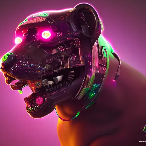 Image similar to portrait of a neon cyberpunk cyborg jaguar animal, octane render
