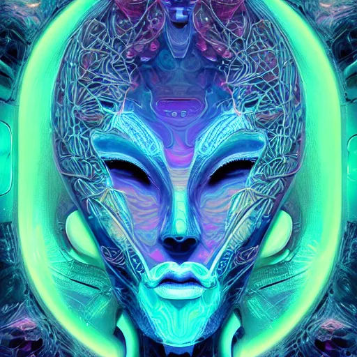 Image similar to Face of a Alien Deity, centered, corals, plume made of geometry, extremly detailed digital painting, sharp focus in the style of android jones, artwork of a futuristic artificial intelligence superstar with frames made of detailed circuits, mystical colors, rim light, beautiful lighting, 8k, stunning scene, raytracing, octane, under water visual distortion, dark tones colors, trending on artstation