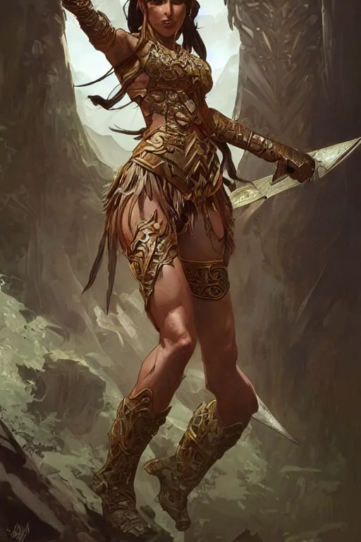 Image similar to a full body amazon warrior, D&D, fantasy, intricate, highly detailed, digital painting, artstation, concept art, smooth, sharp focus, illustration, art by artgerm and greg rutkowski and alphonse mucha