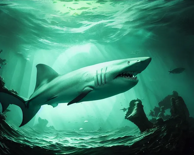 Image similar to 5 5 mm photo of a large translucent backlit green grave with a shark swimming inside. magical atmosphere. art by greg rutkowski. highly detailed 8 k. intricate. lifelike. soft light. nikon d 8 5 0.