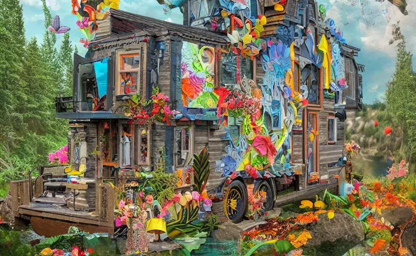 Prompt: hyperdetailed tinyhouse, seen from the distance. along a maximalist river made of paper and unexpected interesting fabric elements. 8 x 1 6 k hd mixed media 3 d collage in the style of a childrenbook illustration in soft natural tones. matte background no frame hd