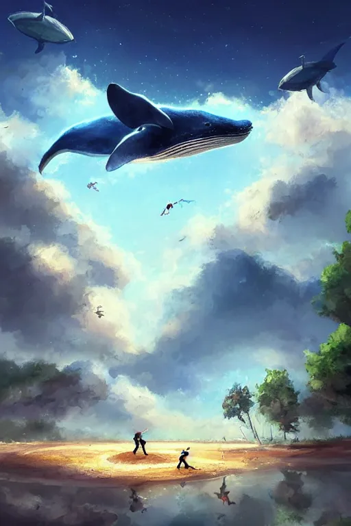 Prompt: people playing baseball while whales fly in the sky, digital art, artstation trending, digital painting