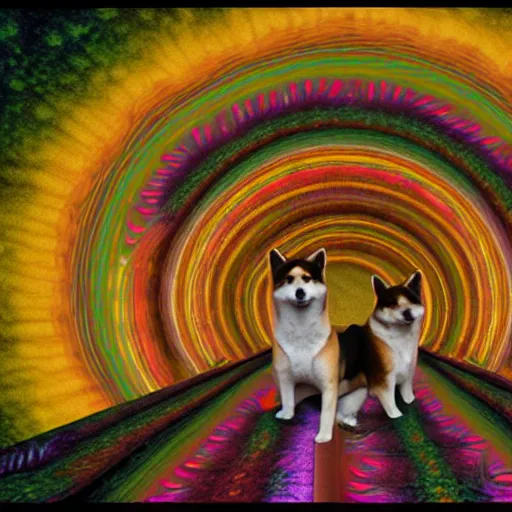 Image similar to two shiba inu in the psychedelic baroque dmt fourth dimensional tunnel