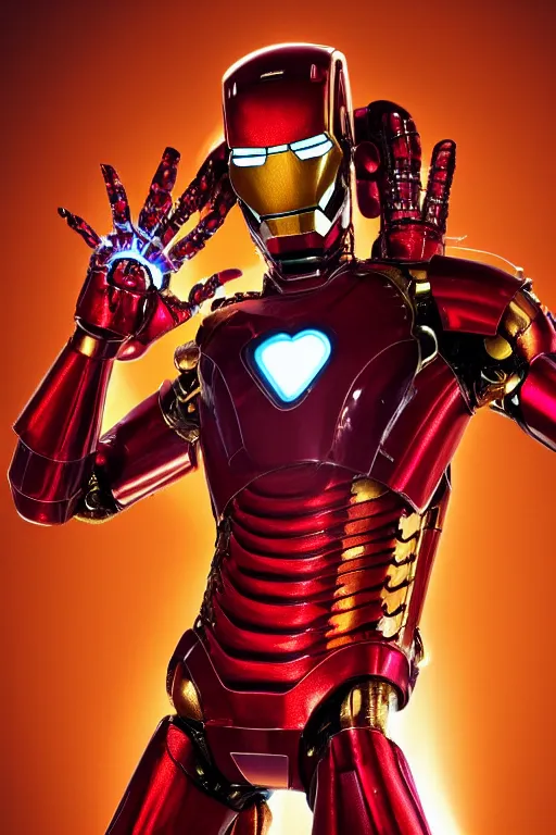 Image similar to portrait photo of michael jackson wearing a giant huge golden and red metal futuristic steampunk iron man suit with a red guitar covered with multicolored big gears and tubes, eyes are glowing red lightbulbs, shiny crisp finish, 3 d render, 8 k, insaneley detailed, fluorescent colors, background is multicolored lasershow