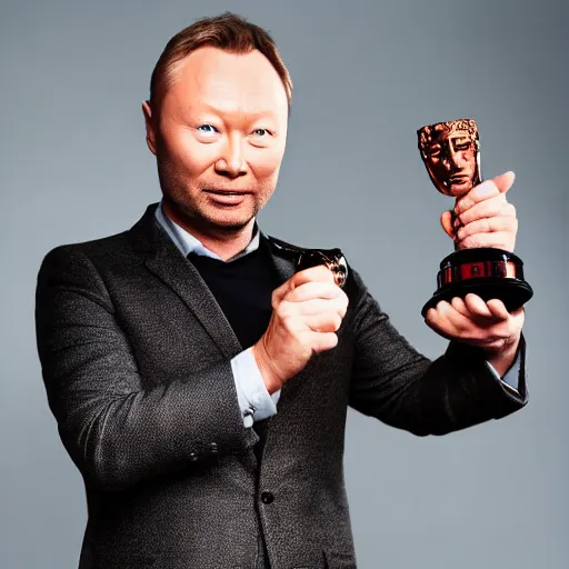 Image similar to limmy holding bafta award, realistic, wide shot, dramatic lighting, hyper realistic, high quality, highly detailed, hd, beautiful, cinematic, 8 k, unreal engine, facial accuracy, symmetrical,