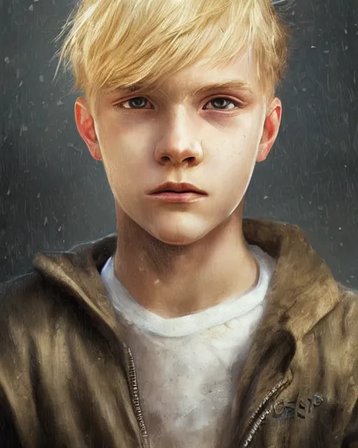 Prompt: portrait of 1 5 - year - old boy with blonde hair, round - face, and slightly buck - toothed, hyper realistic face, beautiful eyes, fantasy art, in the style of greg rutkowski, intricate, hyper detailed, smooth