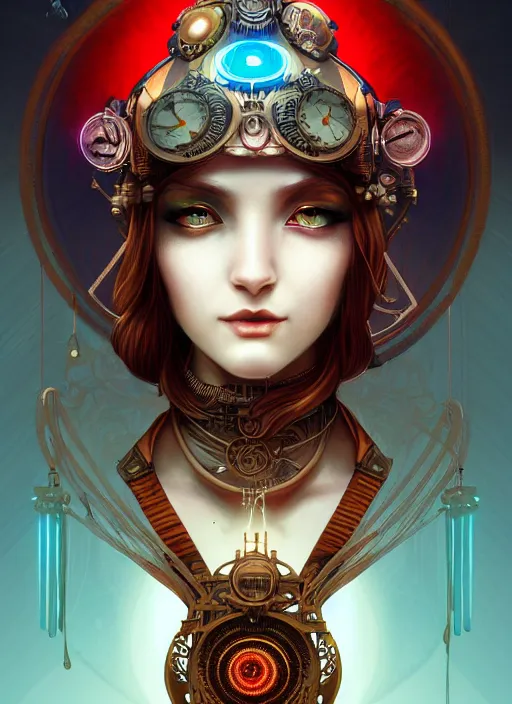Prompt: the goddess athena smirking, steampunk, glowing eyes, volumetric lights, red and cyan theme, art nouveau botanicals, intricate, highly detailed, digital painting, artstation, concept art, smooth, sharp focus, cinematic, illustration, beautiful face, by artgerm shaun tan