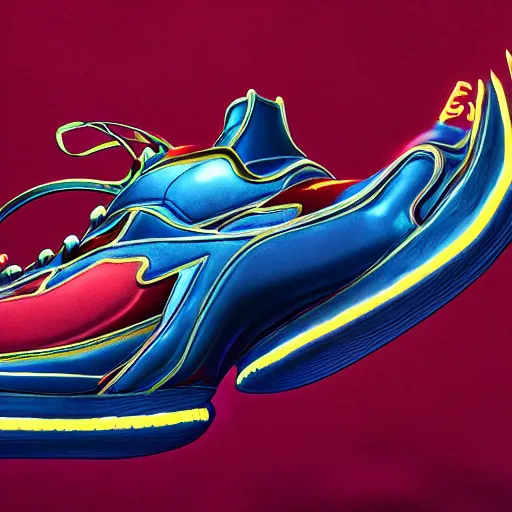 Image similar to sneakers shoe design inspired by a chinese dragon, unreal engine, octane render, cinematic backdrop, ethereal lighting, visually stunning, inspiring, ray tracing, in the style of james jean