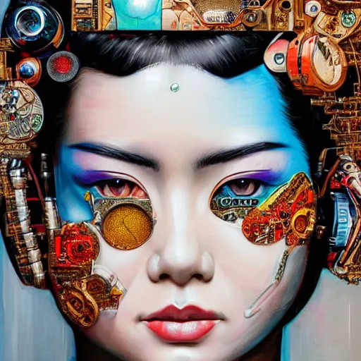 Prompt: portrait of cyborg geisha by sandra chevrier, by makoto shinkai, cybernetics, glamor shot, closeup, vivid colours, hyper realistic detailed intricate render, hypermaximalist, ornate, epic composition, sharp focus, masterpiece