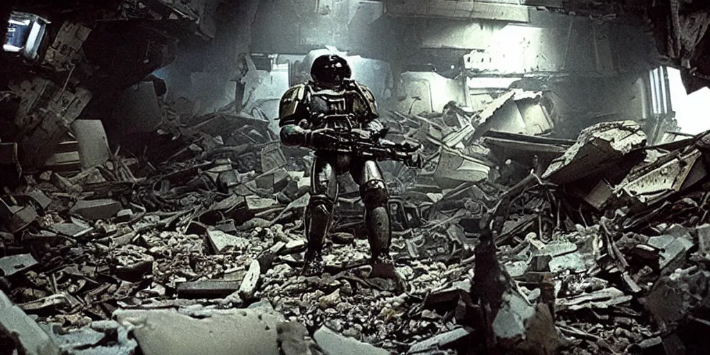 Prompt: color film still, a space marine exploring inside a destroyed settlement ; alien 2 ( 1 9 8 6 )