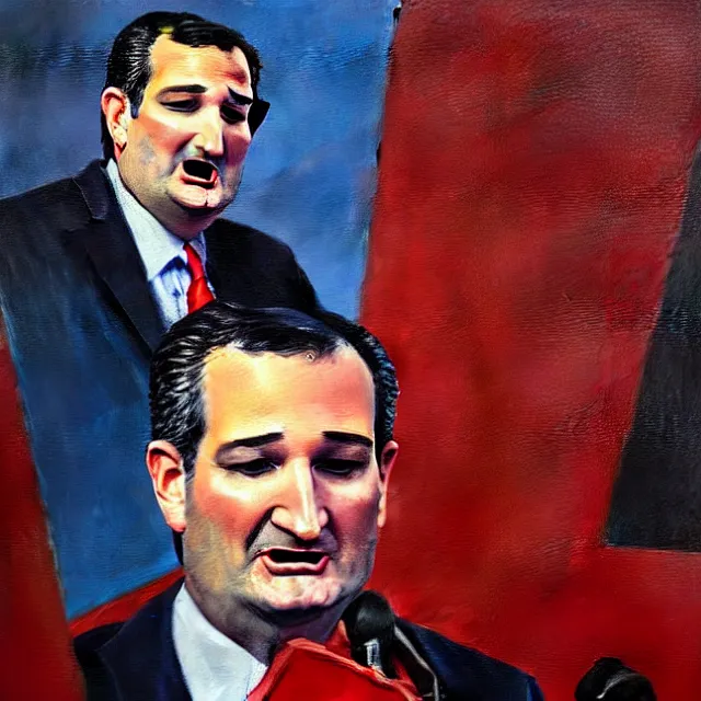 Image similar to an oil on canvas portrait painting of ted cruz giving a speech at the republican convention, surrealism, surrealist, cosmic horror, high detail