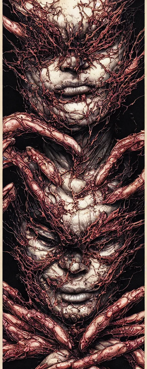 Prompt: closeup of face melting in agony been pulled by hands, inside a frame on a tiled wall, frontal picture, by yoichi hatakenaka, masamune shirow, josan gonzales and dan mumford, ayami kojima, takato yamamoto, karol bak