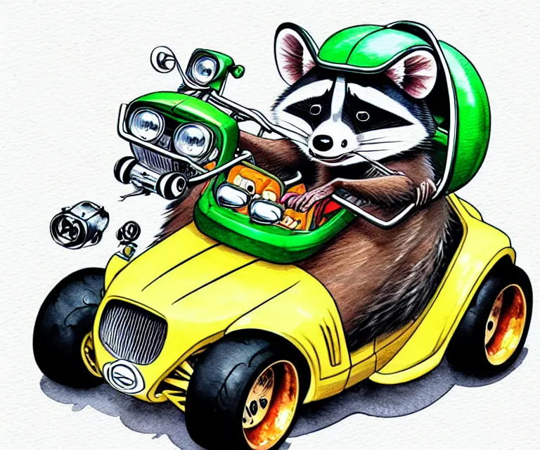 Prompt: cute and funny, racoon wearing a helmet riding in a tiny hot rod 2 0 0 2 plymouth prowler with oversized engine, ratfink style by ed roth, centered award winning watercolor pen illustration, isometric illustration by chihiro iwasaki, edited by range murata, details by artgerm