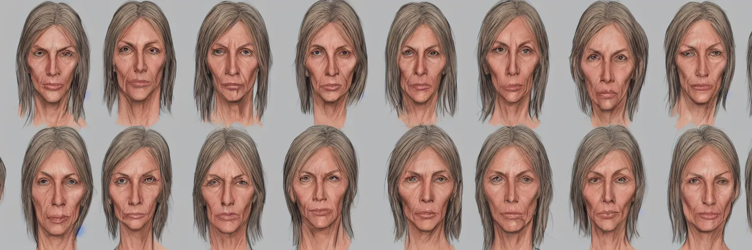 Image similar to colored pencils female character face study of iggy pop, skinny woman, 5 5 yo, clear female iggy pop faces, emotional, character sheet, fine details, concept design, contrast, kim jung gi, pixar and da vinci, trending on artstation, 8 k, 3 6 0 head, turnaround, front view, back view, ultra wide angle