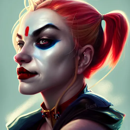 Image similar to Character Portrait of Harley Quinn, face, fantasy, intricate, elegant, highly detailed, digital painting, artstation, concept art, smooth, sharp focus, illustration, art by Cynthia Shephard and Fernanda Suarez and Artem Demura and alphonse mucha