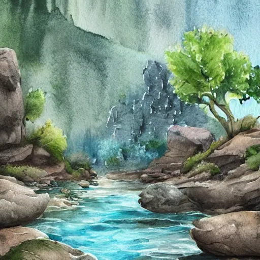 Image similar to beautiful happy picturesque charming organic sci - fi pod homes in a beautiful natural scene. water, trees and rocks. beautiful light. grainy and rough. soft colour scheme. beautiful artistic detailed watercolor by lurid. ( 2 0 2 2 )