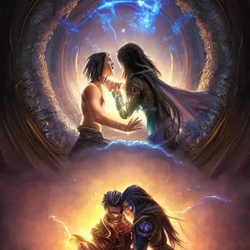 Image similar to a young couple, a human Asian male rogue and an Asian lightning goddess! hugging each other in front of the magical portal of eternity!, D&D, fantasy, intricate, elegant, highly detailed, portrait, medium shot, waist up, digital painting, artstation, concept art, matte, sharp focus, illustration, hearthstone, art by Artgerm and Greg Rutkowski and Alphonse Mucha