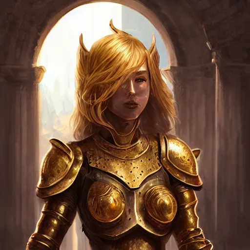 Image similar to portrait knights of Zodiac girl, golden and copper armor, in ruined ancinet Agora of Athens, ssci-fi, fantasy, intricate, very very beautiful, elegant, highly detailed, digital painting, artstation, concept art, smooth, sharp focus, illustration, art by WLOP and tian zi and artgerm