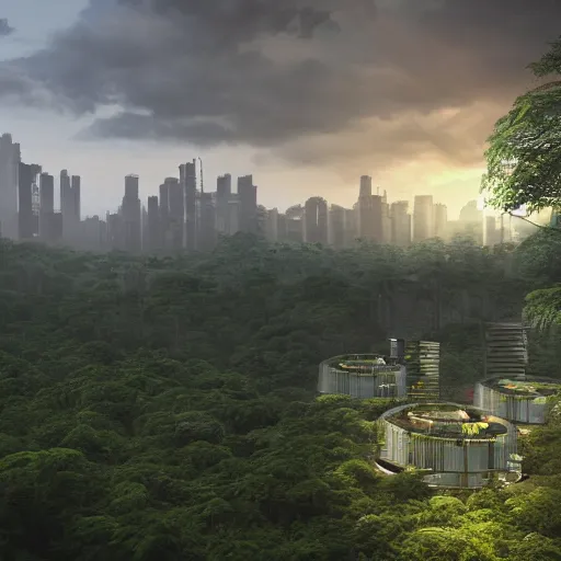 Prompt: extreme wide shot a futuristic containment building in a rainforest valley with a city in the distance, national geographic, hyper realistic, 4 k, warm light, a sense of hope, artstation