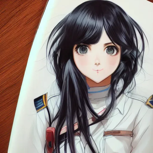 Image similar to portrait of a beautiful girl with long black hair, wearing police riot uniform, drawn by WLOP, by Avetetsuya Studios, attractive character, colored sketch anime manga panel, trending on Artstation