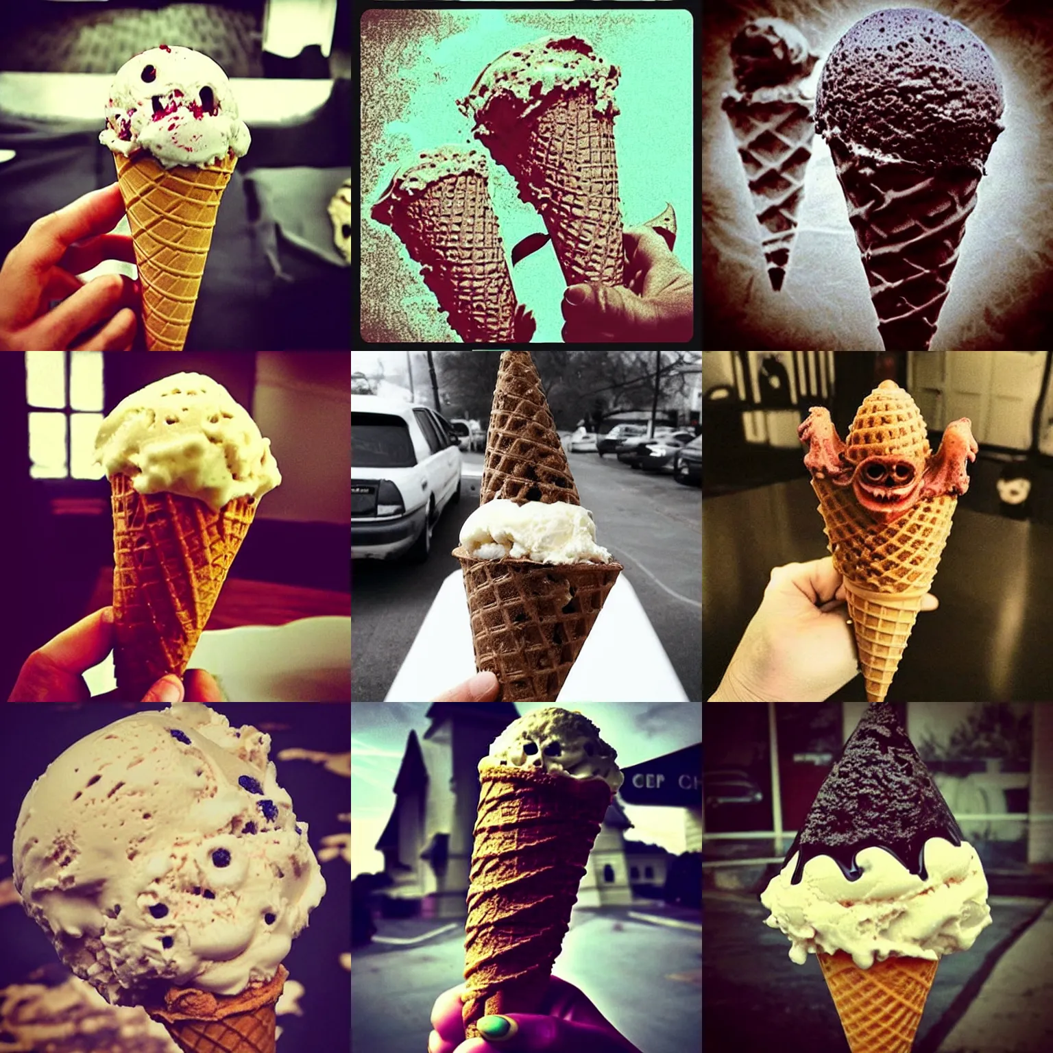 Prompt: demonic!!!!! eldritch!!!!!!!! horror!!! ice cream cone, nightmare!!, photo, instagram