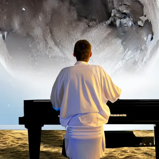 Image similar to back view of a sitting man wearing white robe playing piano in front of a giant moon rising from ocean