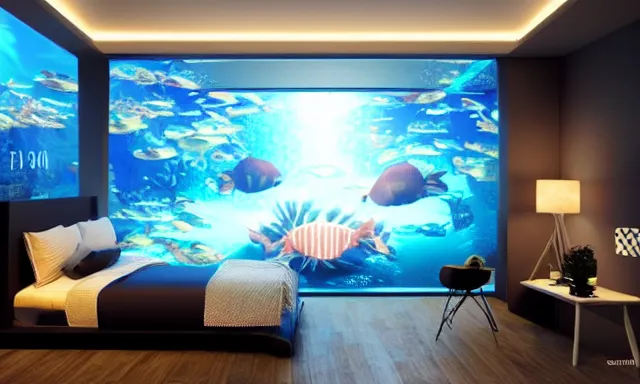 Image similar to a futuristic bedroom deep under the sea, photorealistic magazine picture, studio lighting, cozy, extremely detailed and realistic
