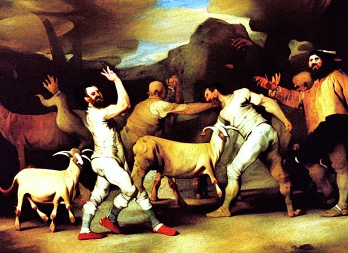 Image similar to man dancing with goats by francisco de goya and greg rutkowski, detailed masterpiece oil painting