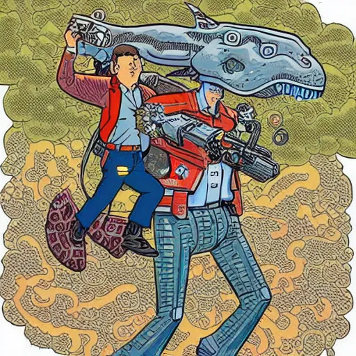 Prompt: detailed intricate colour illustration of a businessman with a laser pistol riding a mecha dinosaur, in the style of Geof Darrow