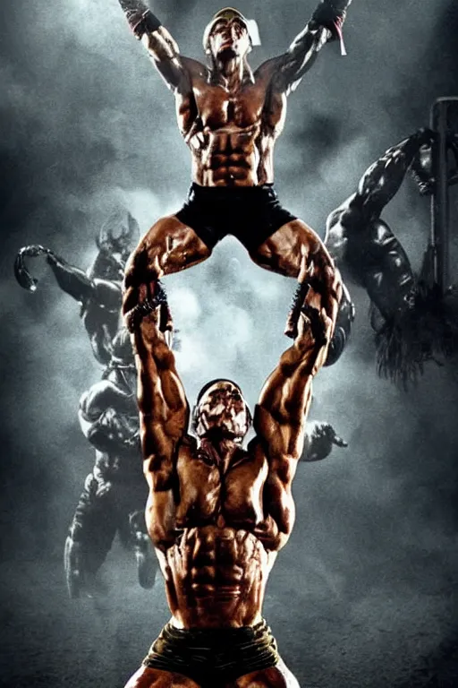 Image similar to movie poster of a french crossfitter with Arnold Schwarzenegger in original 1986 Predator, high definition, mattepainting in the style of AVENGERS movie poster