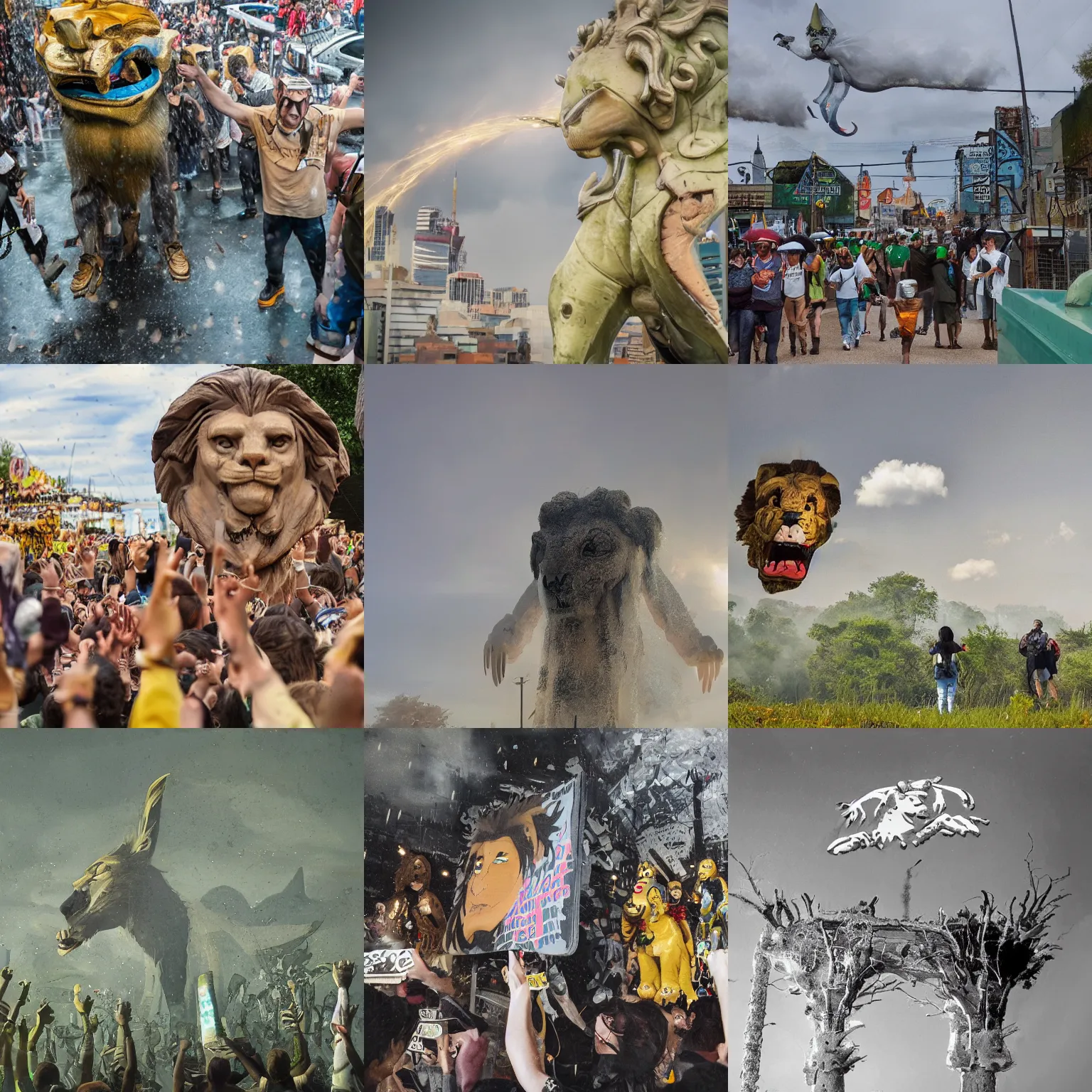 Image similar to people standing in the toxic rain worship the giant cartoon lion head of king mufasa fly from the epic magical skies, king mufasa fly in sky