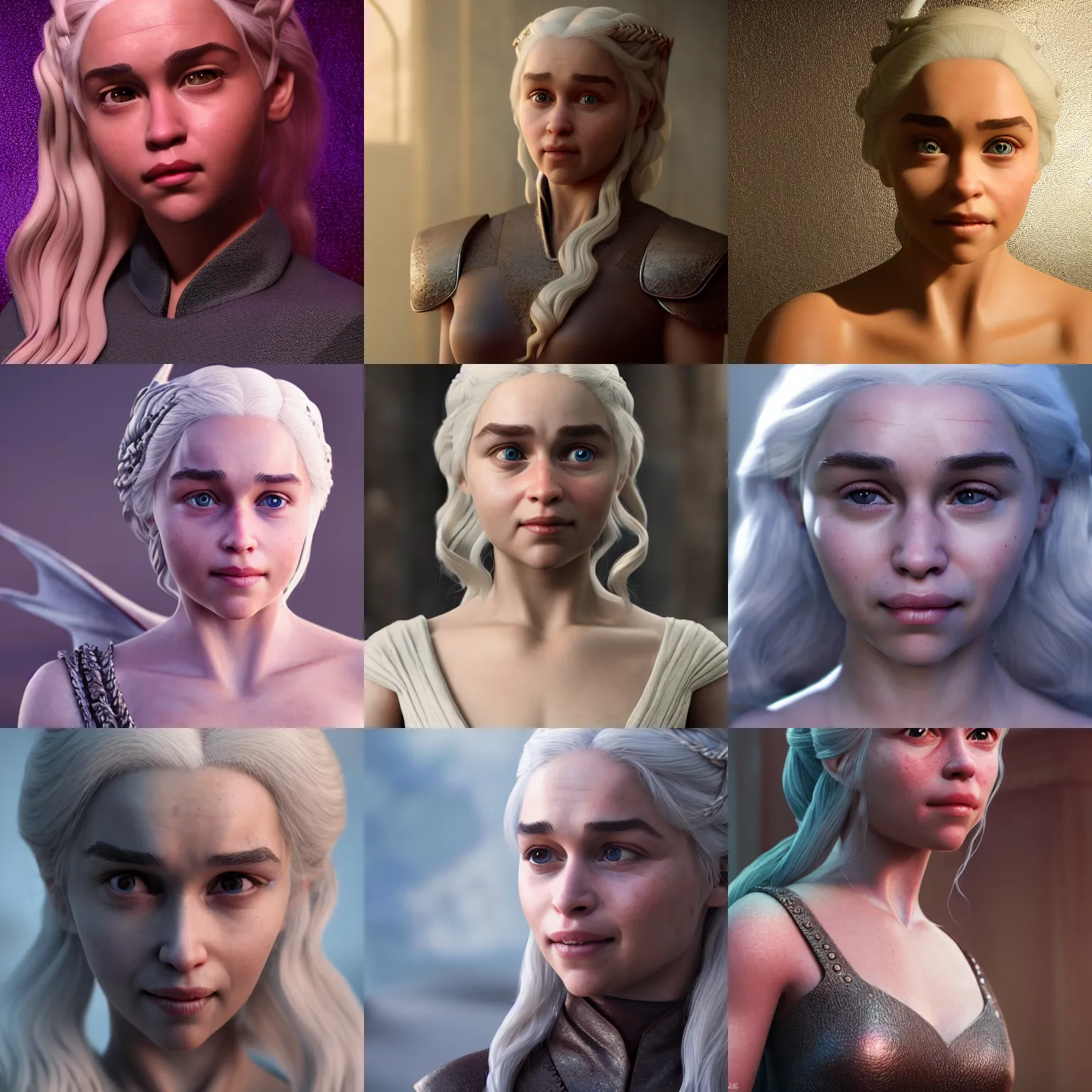 Prompt: daenerys, raytracing, cute face, 4 k, very high details, disney style, 3 d raytracing, global iilumination, gi, cycles render, octane render, arnold render