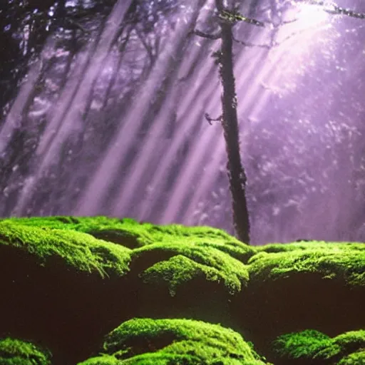 Image similar to a robot covered in moss lying in a forest, shafts of light god rays, hayao miyazaki studio ghibli