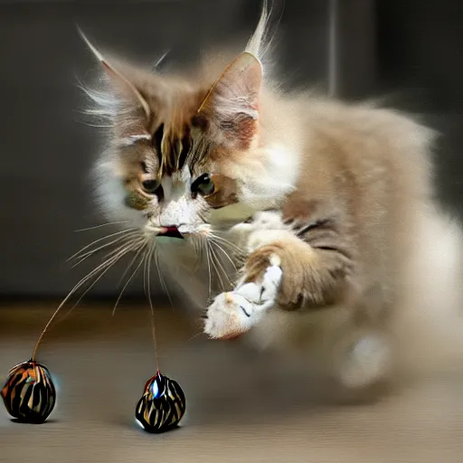 Image similar to cream color maine coon cat chasing a cat-toy-ball in a sunlit bedroom, desaturated, digital art in style of Ruan Jia, trending on art station