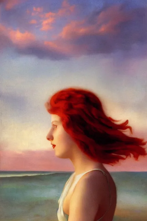 Image similar to a red haired young girl beach surreal, sunrise, dramatic light, vittorio matteo corcos