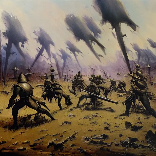 Image similar to oil painting of a ground covered in medieval silver soldier corpses, war, storm dawn, by Frank Frazetta, by Georgia O Keeffe