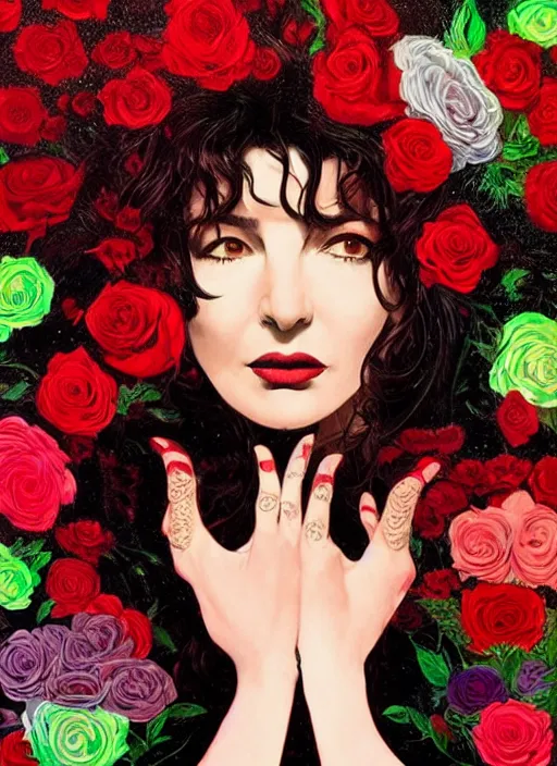 Image similar to portrait of kate bush against a neon multicolored background, lush black hair, pale skin, small white and red roses, flowing material, intricate, beautiful cinematic lighting, stunning painting by android jones, wadim kashin, annie leibovitz