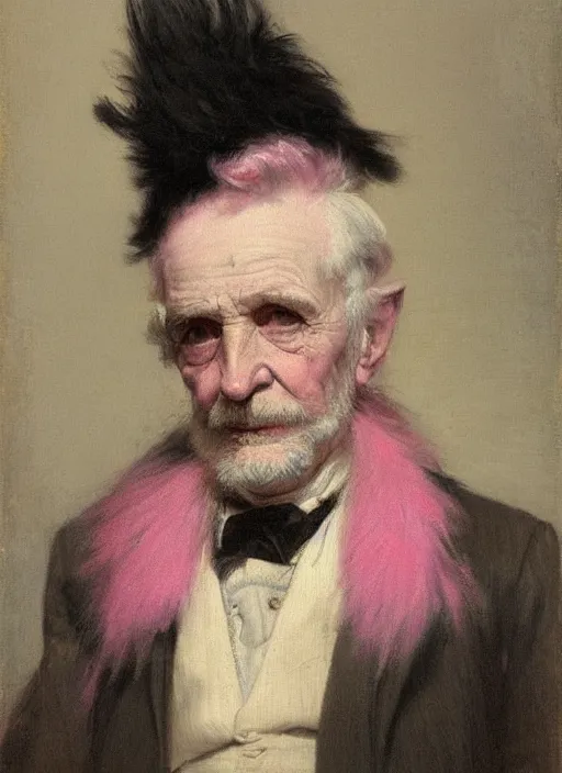 Image similar to a portrait of old man with a pink mohawk by edouard bisson, punk rock, oil painting, muted colours, soft lighting