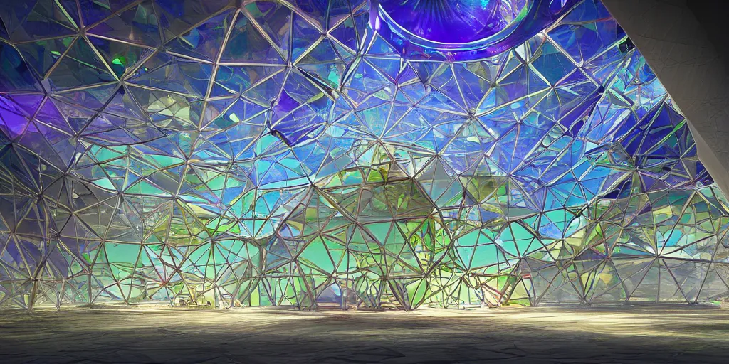 Prompt: futuristic translucent iridescent mosque hive power architecture by Buckminster Fuller and photo by Nick Hufton and Allan Crow , inspired by Mining by Risa lin on art station