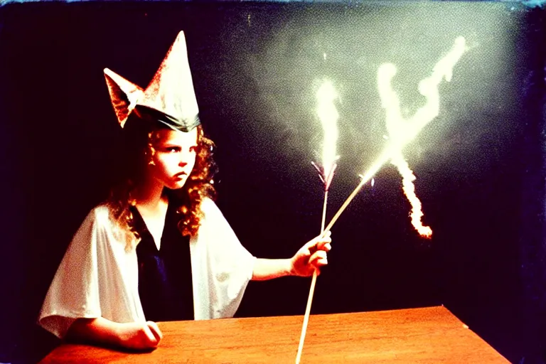 Prompt: extreme close up portrait, dramatic lighting, teen witch aggressively pointing a magic wand casting a spell over a table with pyrotechnics, cat on the table in front of her, sage smoke, magic wand, a witch hat cloak, apothecary shelves in the background 1 9 8 0's photo, polaroid, damaged film