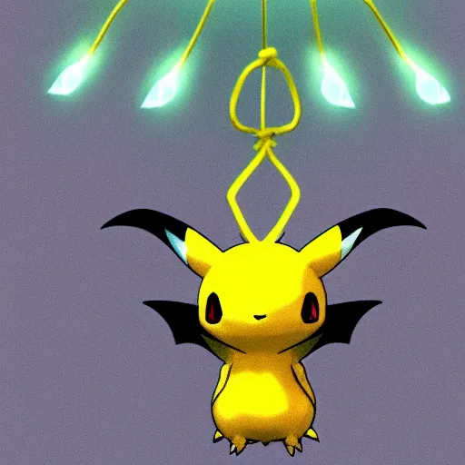 Image similar to a pokemon that looks like bat, bat hanging upside down in a tree, glowing like a light bulb, digital art. trending on art station, unreal engine.