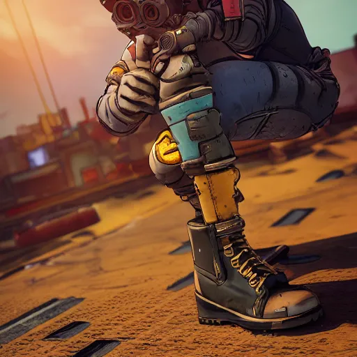 Prompt: a mechanic boots in the borderlands 3 style, close - up, cinematic shot, intricate, ornate, photorealistic, ultra detailed, realistic, 1 0 0 mm, photography, octane, high definition, depth of field, bokeh, 8 k, behance, artstation