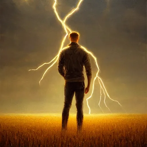 Prompt: oil painting of a glowing god with gold wires levitating in a wheat field, lightning in the sky, at night, stunning, cinematic lighting, concept art by greg rutkowski and wlop, artstation, cinematic, masterpice, insanely detailed, very realistic