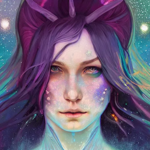 Image similar to a nonbinary changeling wearing a starry cloak, aurora colored hair, starry eyes, curious expression, character art, trending on artstation, 4k ultra hd, sharp focus, digital art by artgerm and greg rutkowski and alphonse mucha