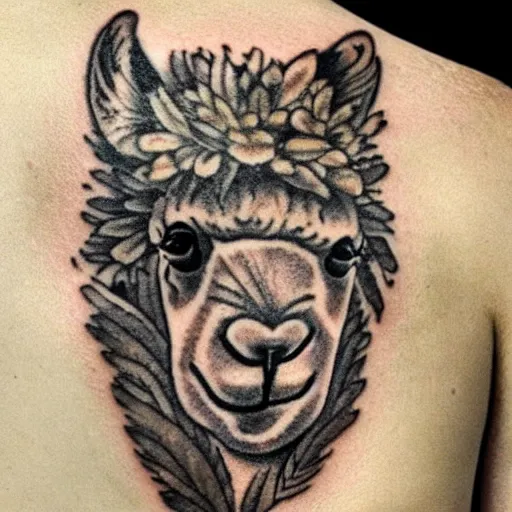 Image similar to tattoo idea of a alpaca face on a green leaf