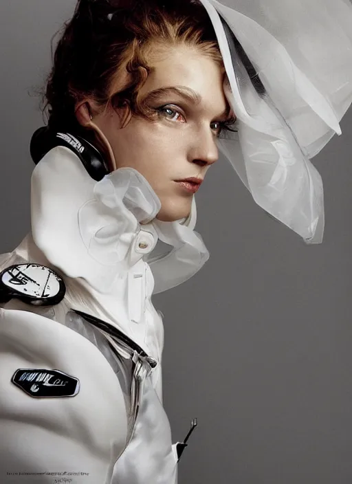 Prompt: a portrait by nick knight and norman rockwell of a beautiful girl detailed features wearing a pilot suit wedding dress synthetic materials, jumpsuits chic'techno fashion trend by nike