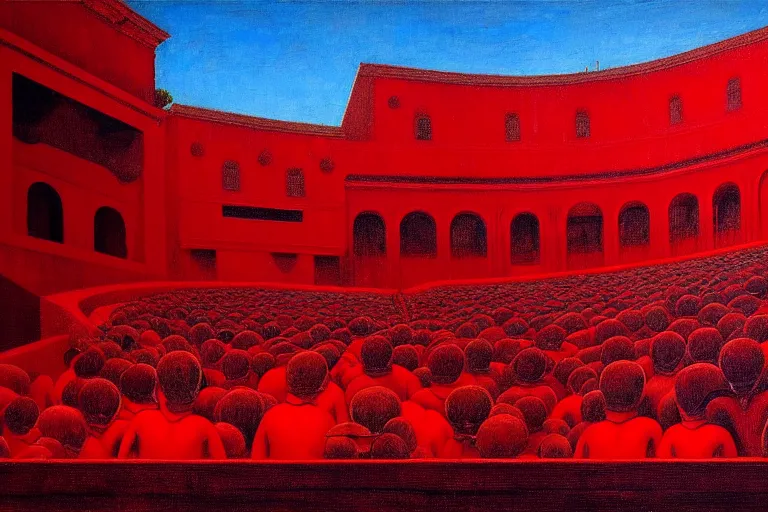 Image similar to only with red, a red great emperor, taormina amphitheatre, expressive crowd with big smile, in the style of beksinski, parts by edward hopper, parts by rodcenko, parts by yue minjun, intricate and epic composition, red by caravaggio, insanely quality, highly detailed, masterpiece, red light, artstation, 4 k