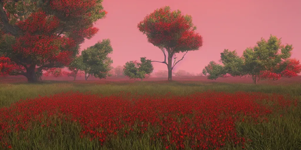 Image similar to a single big red tree in the middle of a battlefield near a bunch of red flowers at sunrise, hyperrealistic, concept art, octane render, unreal engine 5, trending on Artstation, high quality, 8K, dramatic lighting, cinematic, high coherence, highly detailed, Midjourney style, epic scene, path traced, low contrast, complementary colors